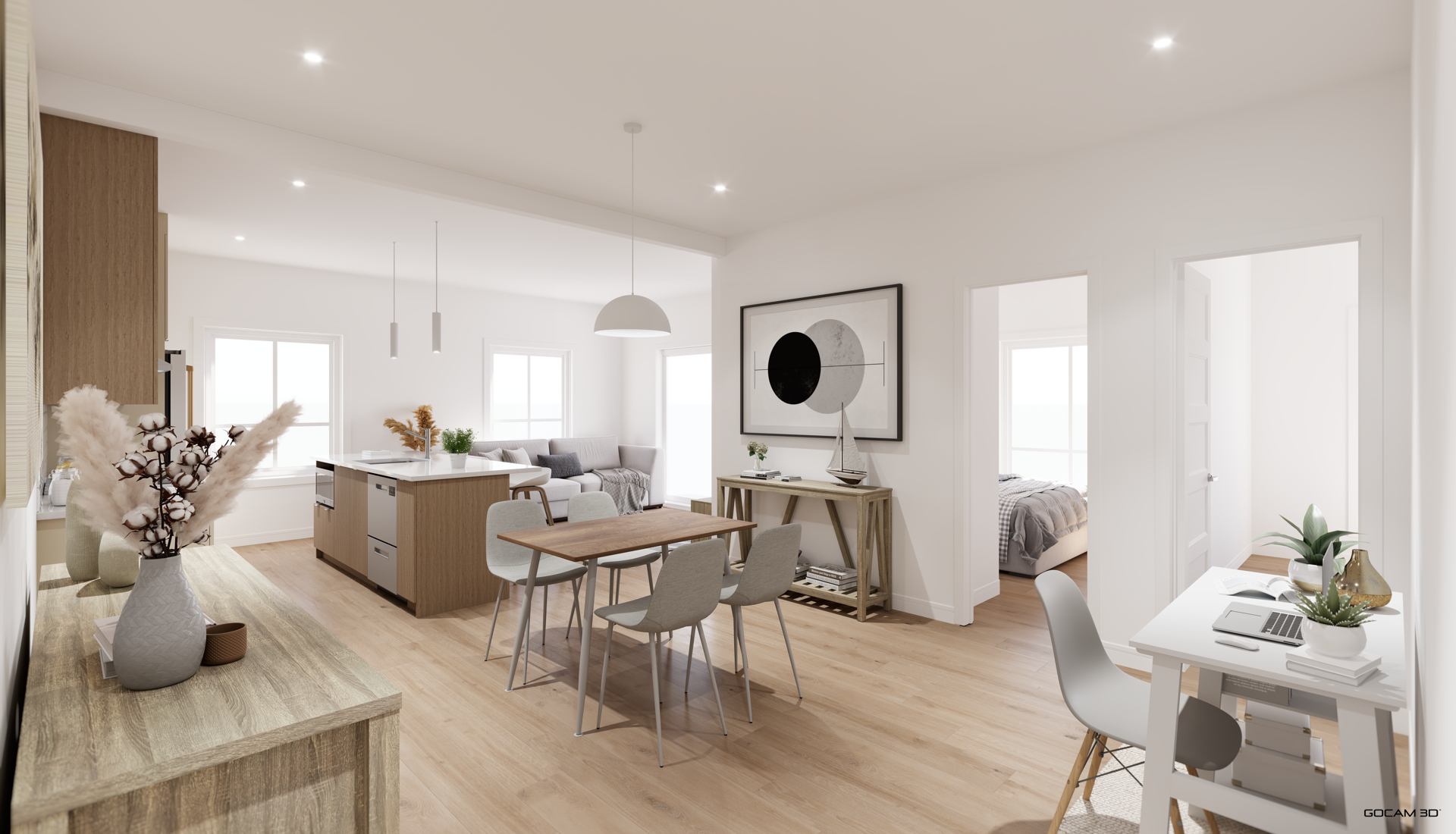 Rendu 3D intérieur d'aire ouverte pour mise en marché d'un appartement 4 et demi.