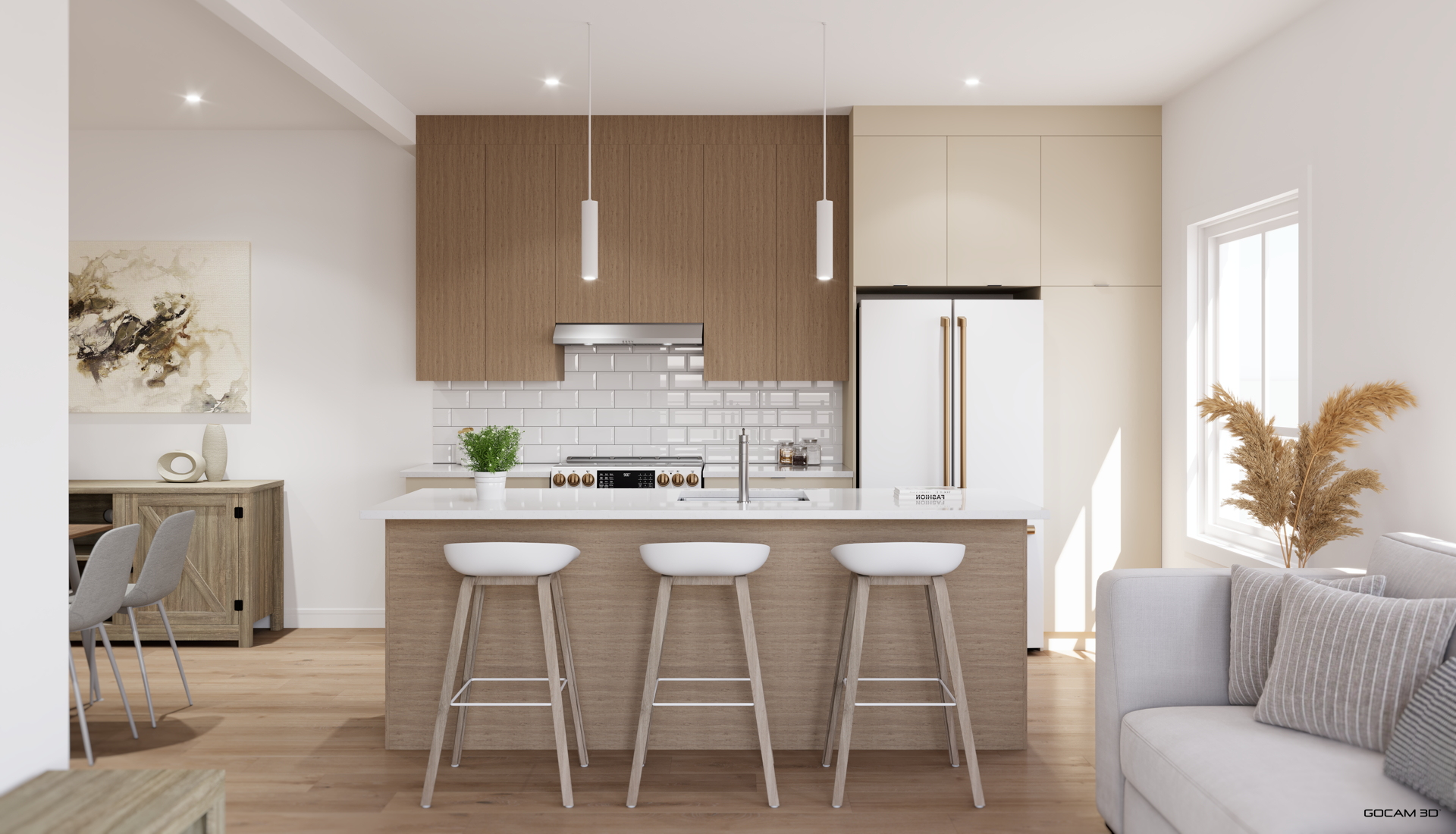 Rendu 3D intérieur de cuisine pour mise en marché d'un appartement 4 et demi.
