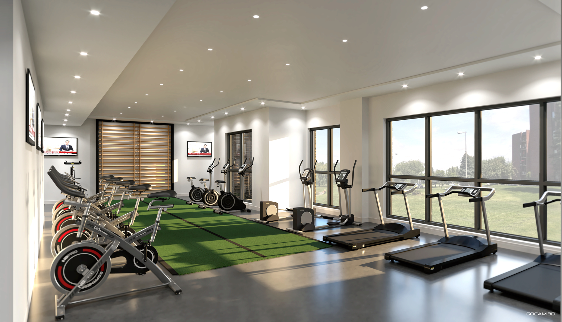 Rendu 3D intérieur de gym de tours résidentielles pour mise en marché de projet immobilier.