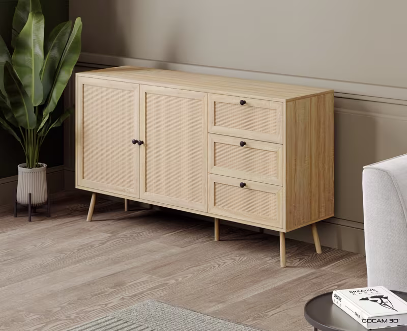 Rendu 3D de meuble buffet ou image rendue en 3D d'un meuble buffet imagé en 3D.