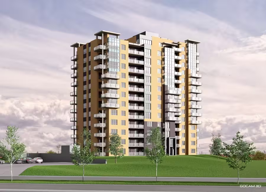 Real estate development project 3D rendering or realistic exterior 3D rendering of a real estate project imaged in three dimensions.