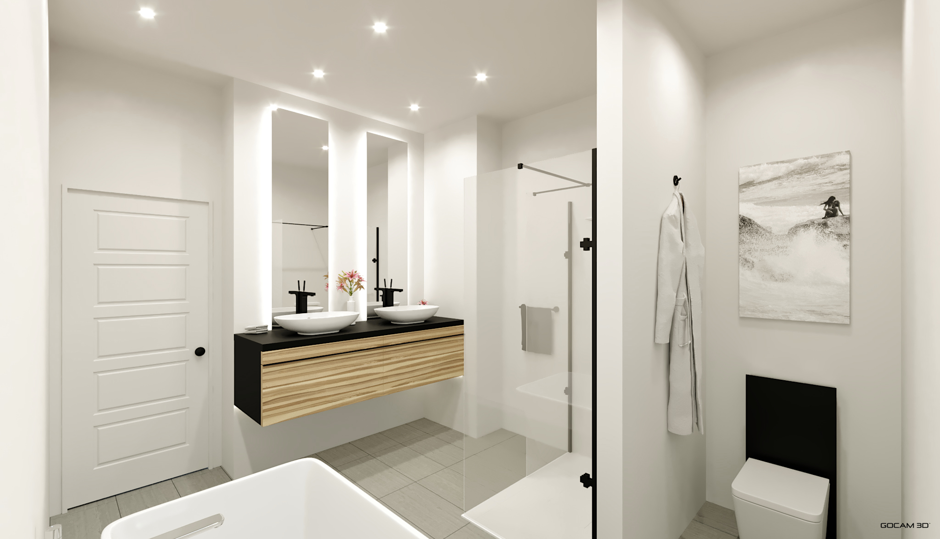 Rendu 3D réaliste de salle de bain contemporaine pour la visualisation 3D d'une autoconstruction.