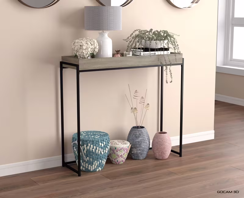 Rendu 3D de mobilier ou image rendue en 3D de mobilier d'une table console imagée en 3D.