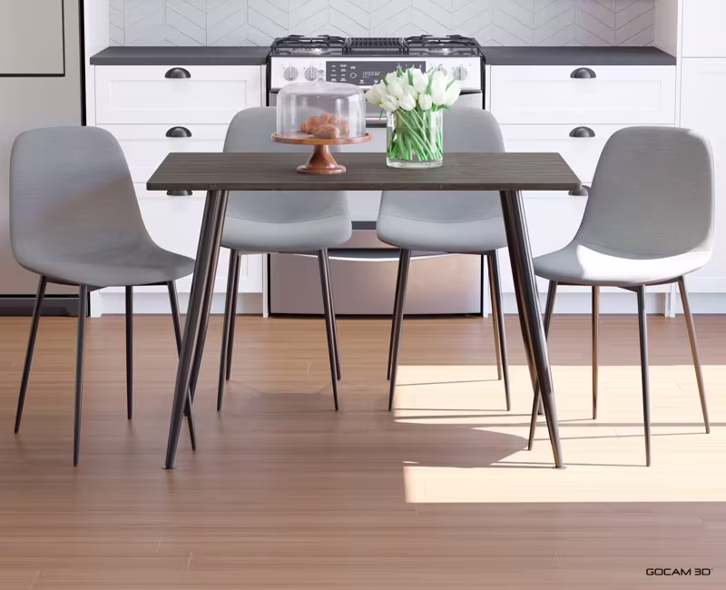 Rendu 3D d'un ensemble de table à manger ou image rendue en 3D d'un ensemble de table à manger imagé en 3D.