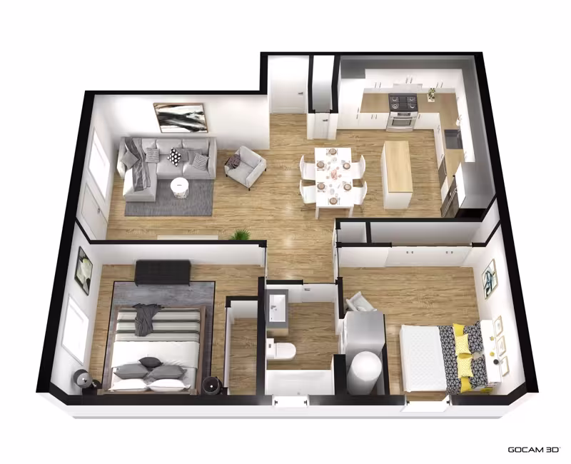 Plan 3D de logement ou plan rendu en 3D d'une unité locative.