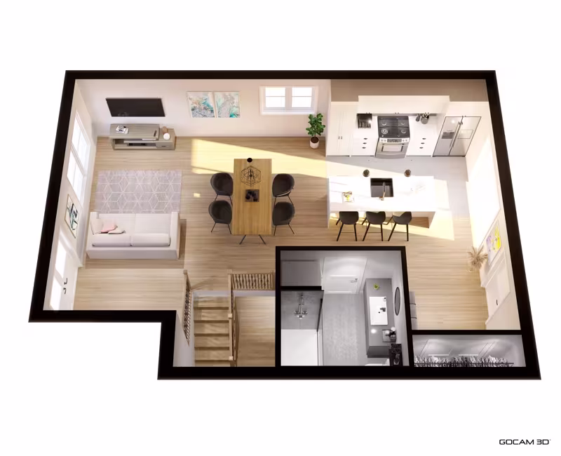 Plan 3D de logement ou plan rendu en 3D d'une unité locative.