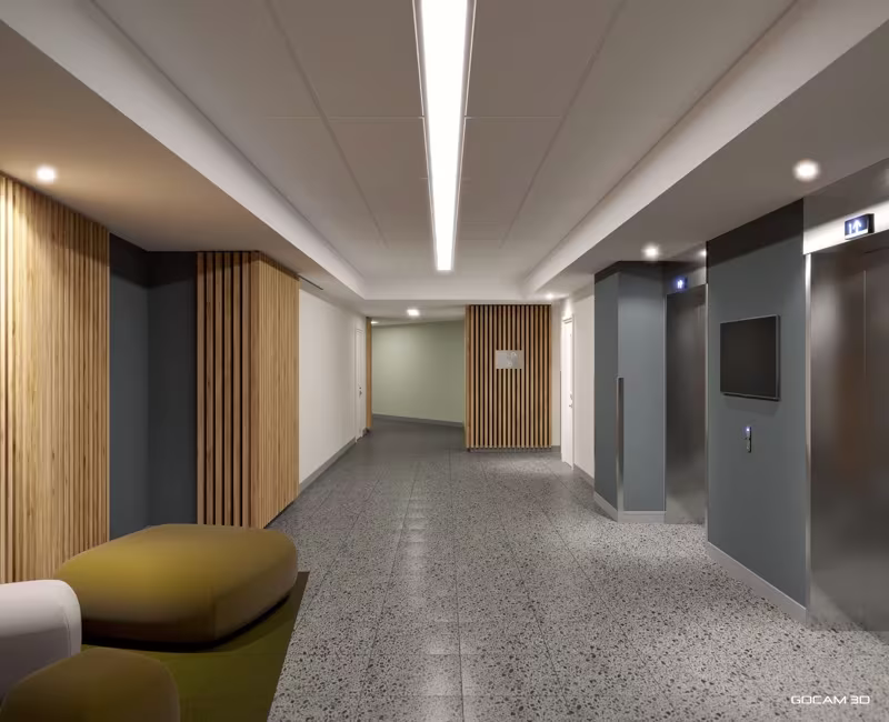 3D rendering or image rendered in 3D of a hallway design imaged in 3D.