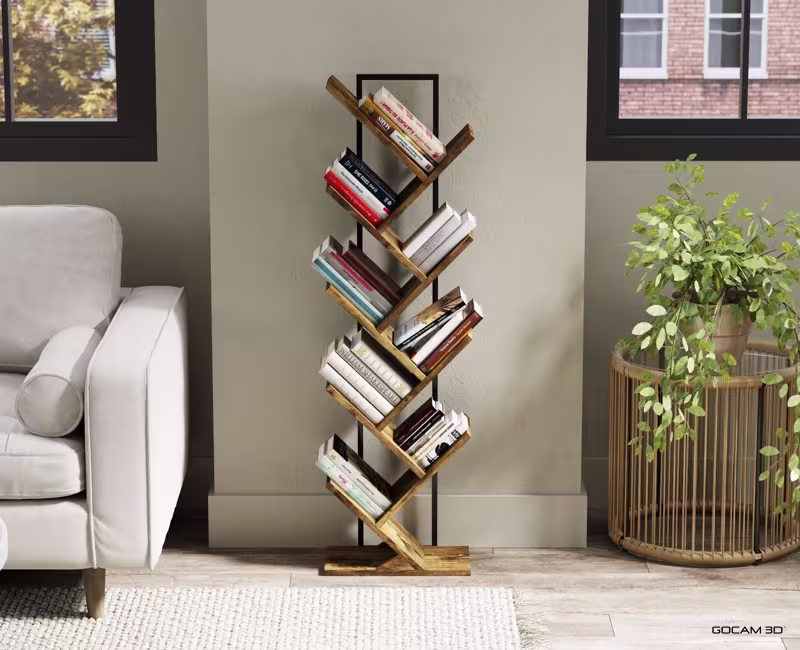 Rendu 3D de bibliothèque ou image rendue en 3D de mobilier d'une bibliothèque imagée en 3D.