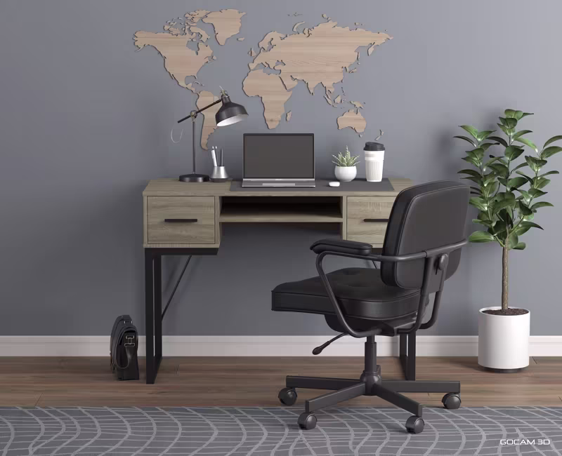 Rendu 3D de bureau ou image rendue en 3D d'un bureau imagé en 3D.