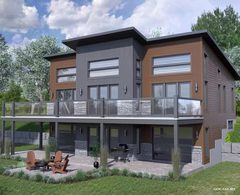 Rendu 3D de chalet ou image rendue en 3D d'un chalet imagé en 3D.