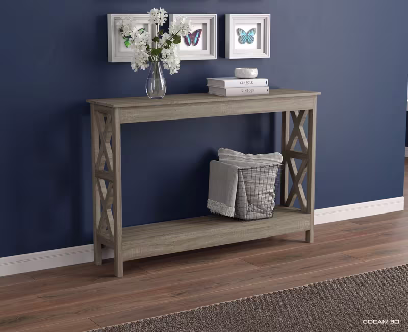 Rendu 3D de mobilier ou image rendue en 3D de mobilier d'une table console imagée en 3D.