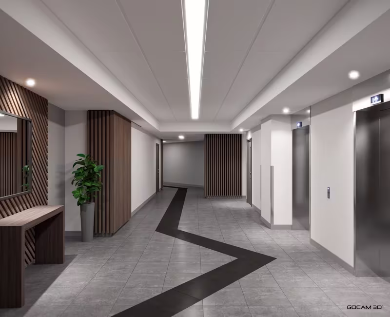 3D rendering or image rendered in 3D of a hallway design imaged in 3D.