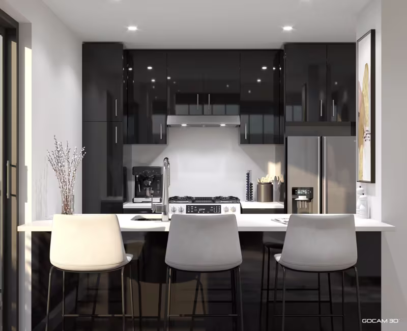 Rendu 3D intérieur de cuisine ou image rendue en 3D intérieure d'une cuisine imagée en 3D.