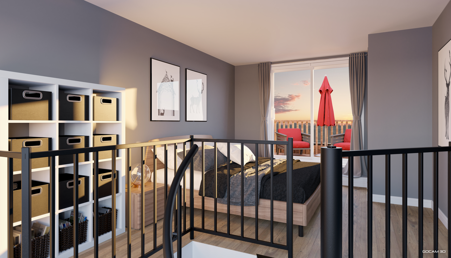 Rendu 3D réaliste de mezzanine pour la pré-vente de projet immobilier.