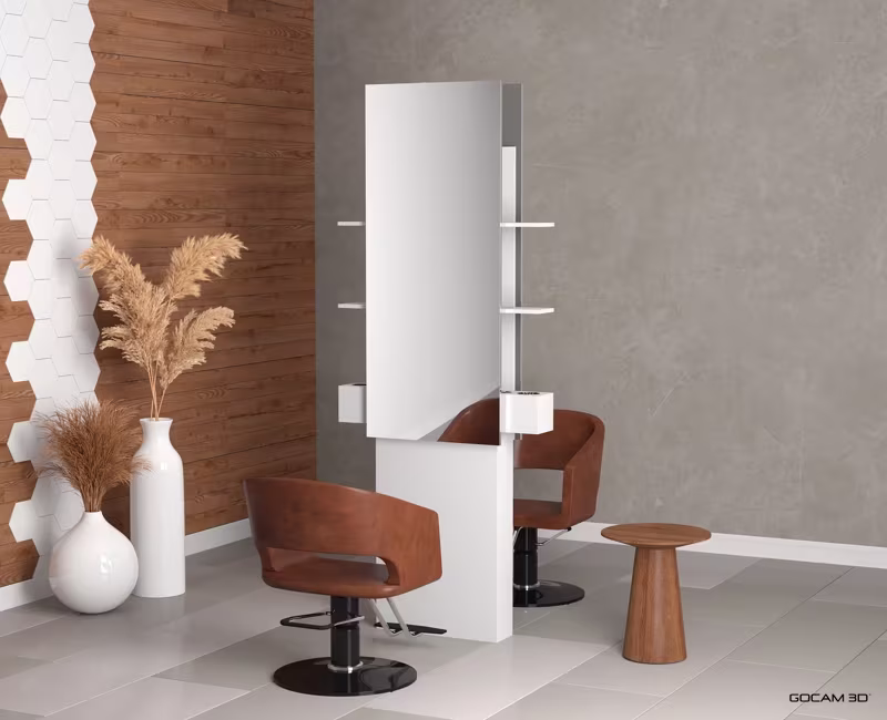 Rendu 3D d'une station de coiffure ou image rendue en 3D d'une station de coiffure imagé en 3D.