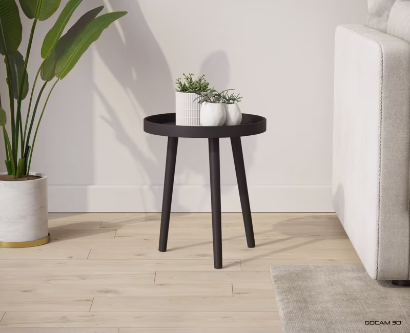 Rendu 3D de mobilier ou image rendue en 3D de mobilier d'une table d'appoint imagée en 3D.