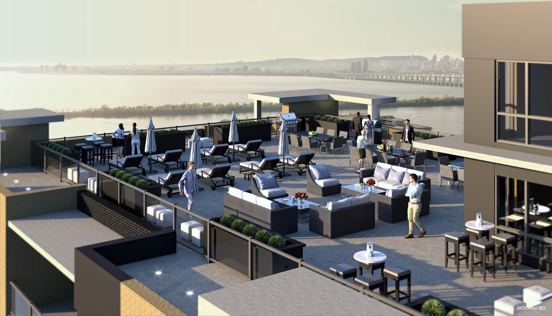 Rendu 3D extérieur d'une terasse de tour résidentielle pour mise en marché de projet immobilier.