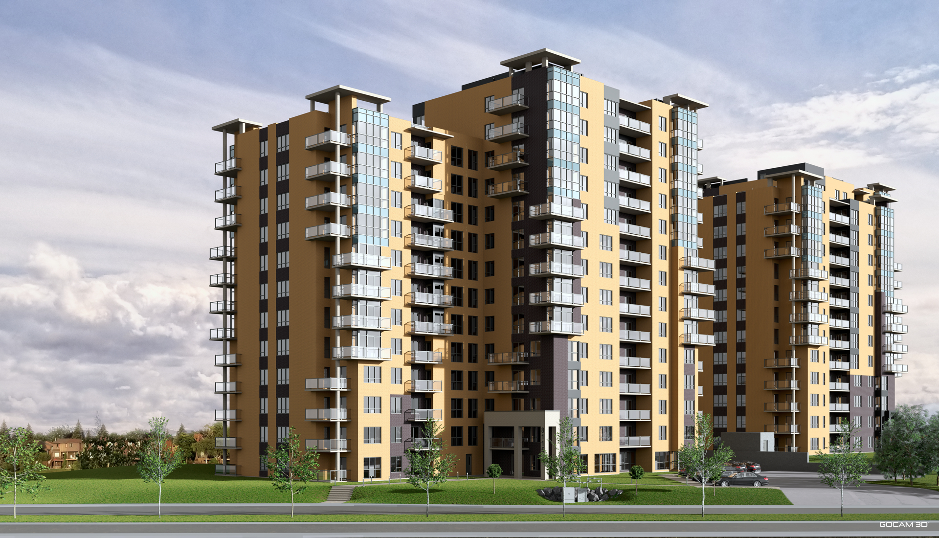 Rendu 3D extérieur de tours résidentielles pour mise en marché de projet immobilier.