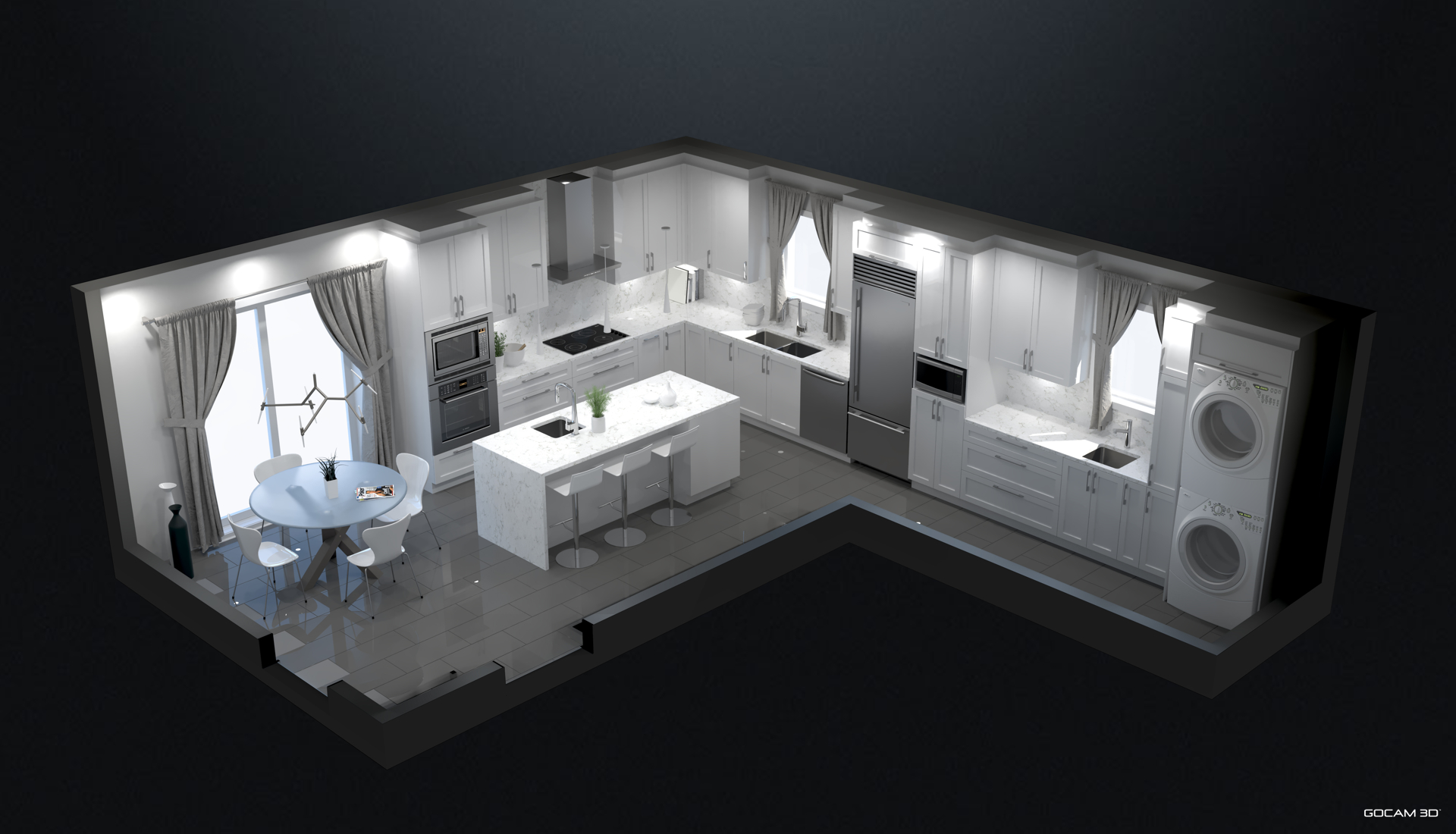 Rendu 3D isométrique de cuisine pour présenter un projet de design.