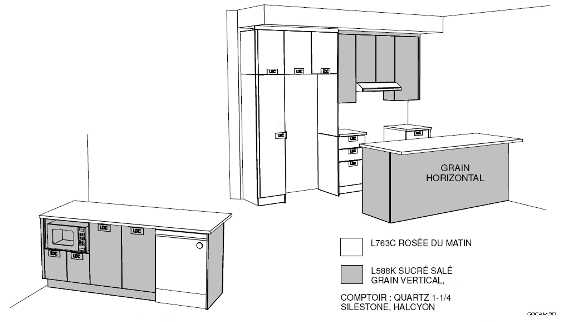 Image avec instructions pour l'emplacement des finis et matériaux d'une cuisine à imager en trois dimensions.
