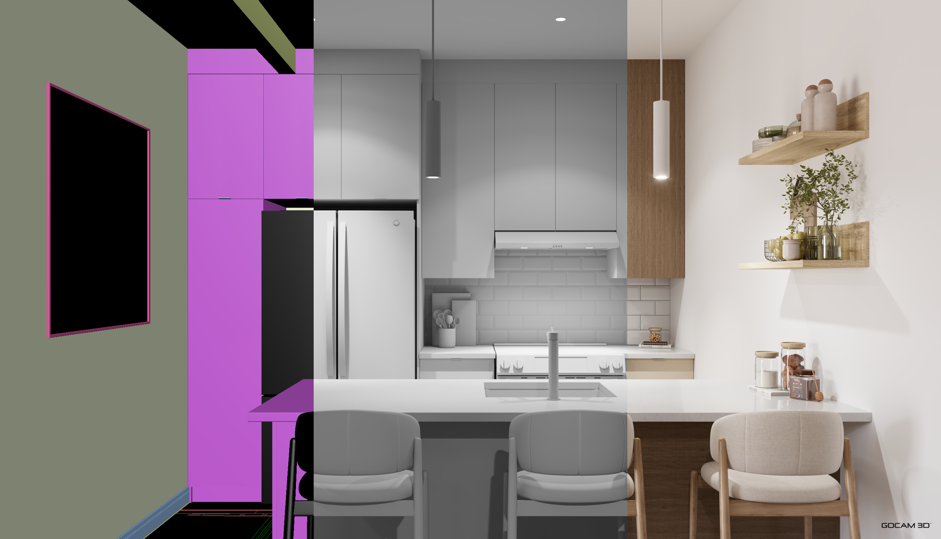 Image montage pour présenter trois étapes clés de la conception d'un rendu 3D réaliste.