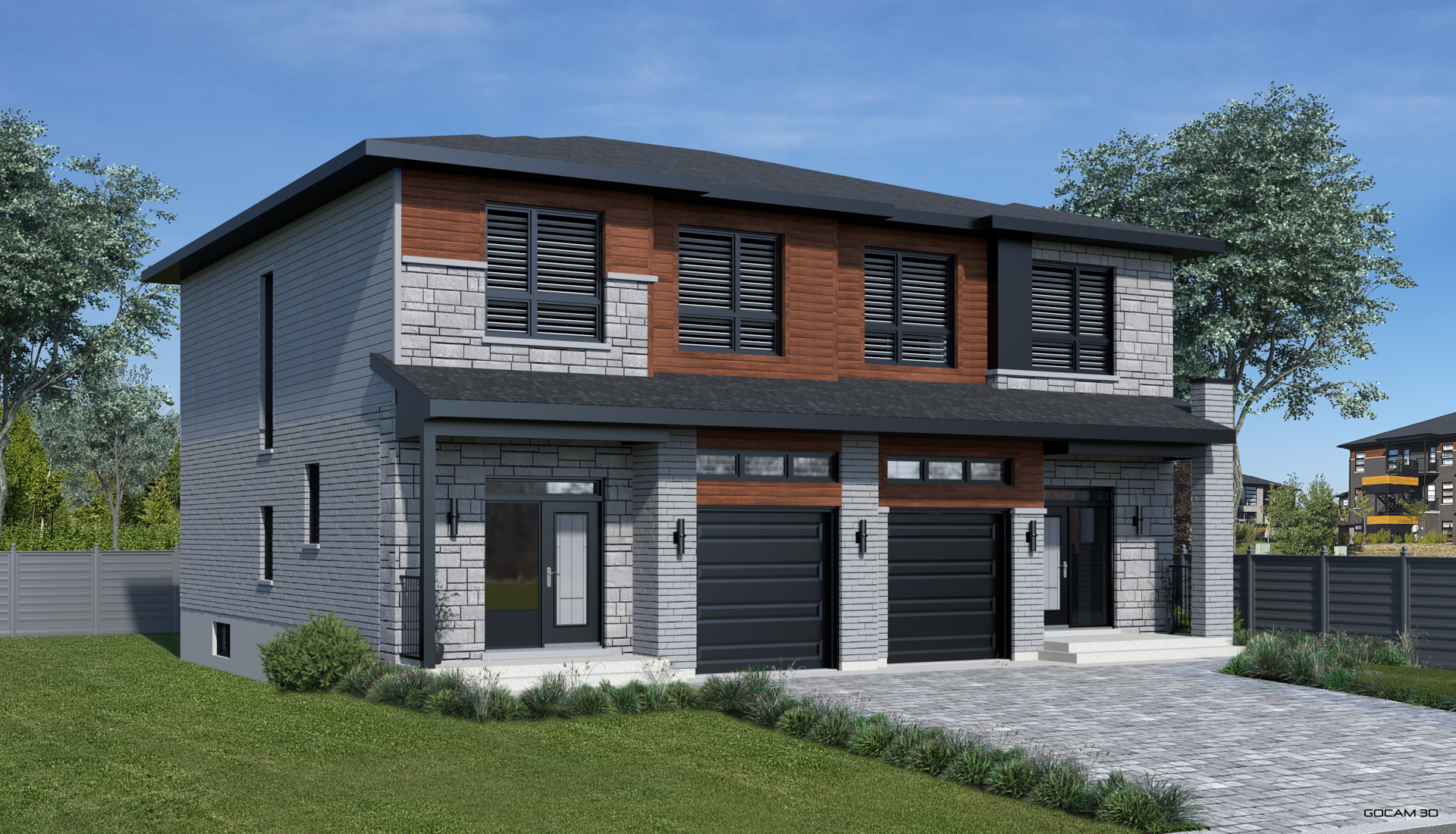 Rendu 3D extérieur pour la mise en marché d'un duplex.