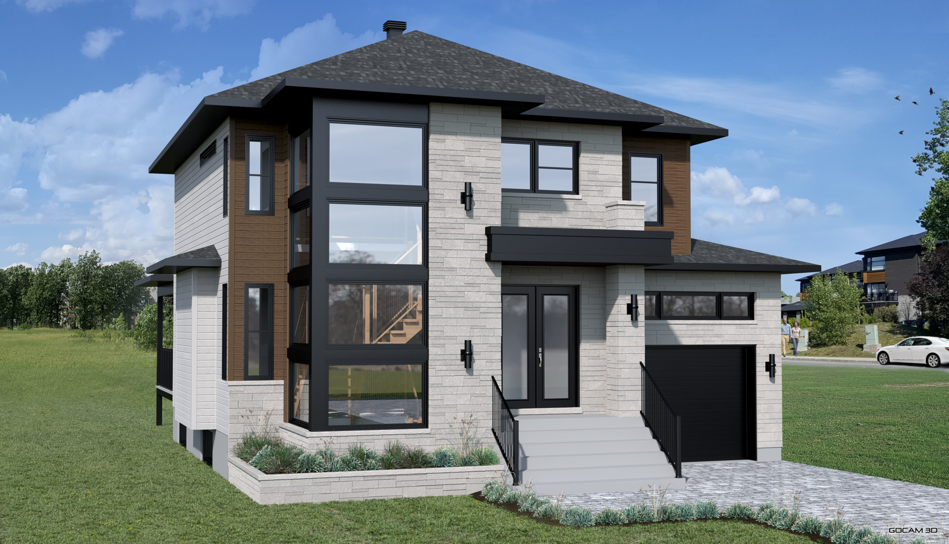 Rendu 3D réaliste extérieur de maison modèle pour mise en marché.