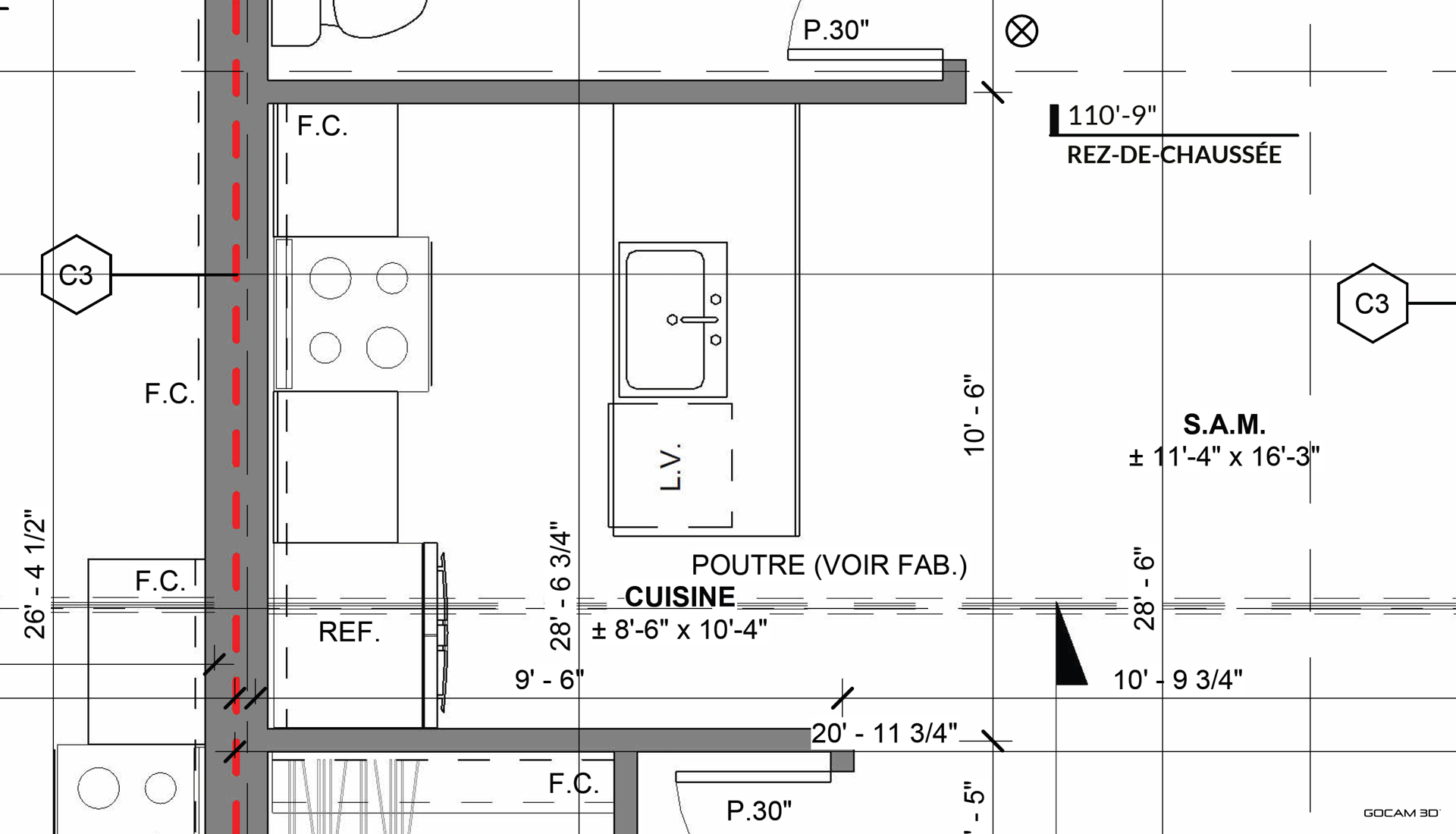 Exemple aperçu de plan partiel conçu par un architecte pour permettre la modélisation 3D d'une cuisine.