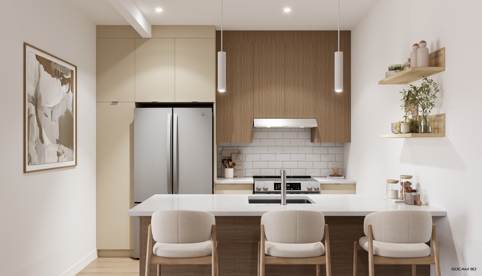 Rendu 3D réaliste intérieur d'une cuisine contemporaine.
