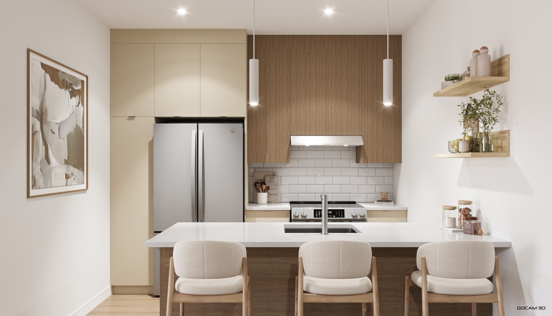 Rendu 3D réaliste intérieur démontrant une cuisine en cours de conception 3D.