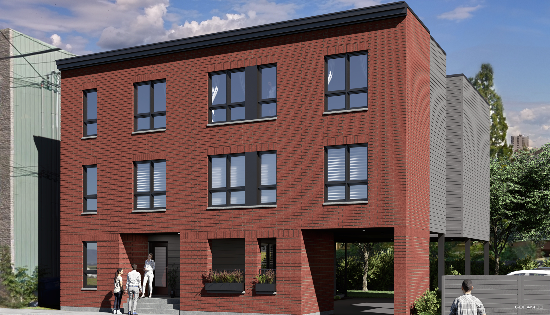 Visualisation 3D architecturale d'un triplex moderne, dans son environnement urbain pour permis de construction - GOCAM 3D
